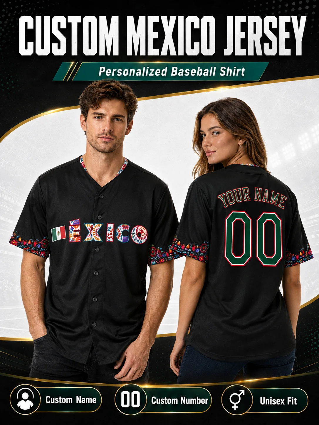 Mexico Floral Embroidered Baseball Jersey Custom Name and Number Black Button Down Short Sleeve Gift for Baseball Fans Men Women