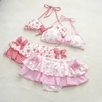 Japanese Sweet Kawaii Summer Beach 2 Piece Sets Y2k Aesthetic Fashion Fruit Print Ruffle Bikinis Set Bow Appliques Punk Clothes