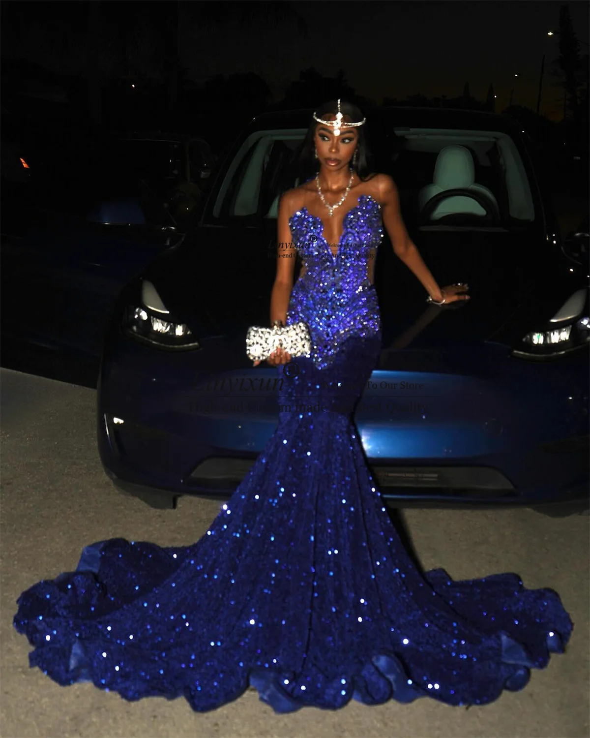 Royal Blue Mermaid Prom Dresses For Black Girl Luxury Beaded Crystals Evening Gowns Long Women Sequin Party Gala Robes De Soiree