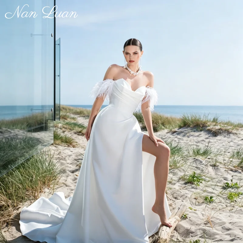 Beach Wedding Feather Strap Dress 2026 A Line High Slit Court Train Satin Vestidos De Novia Customized
