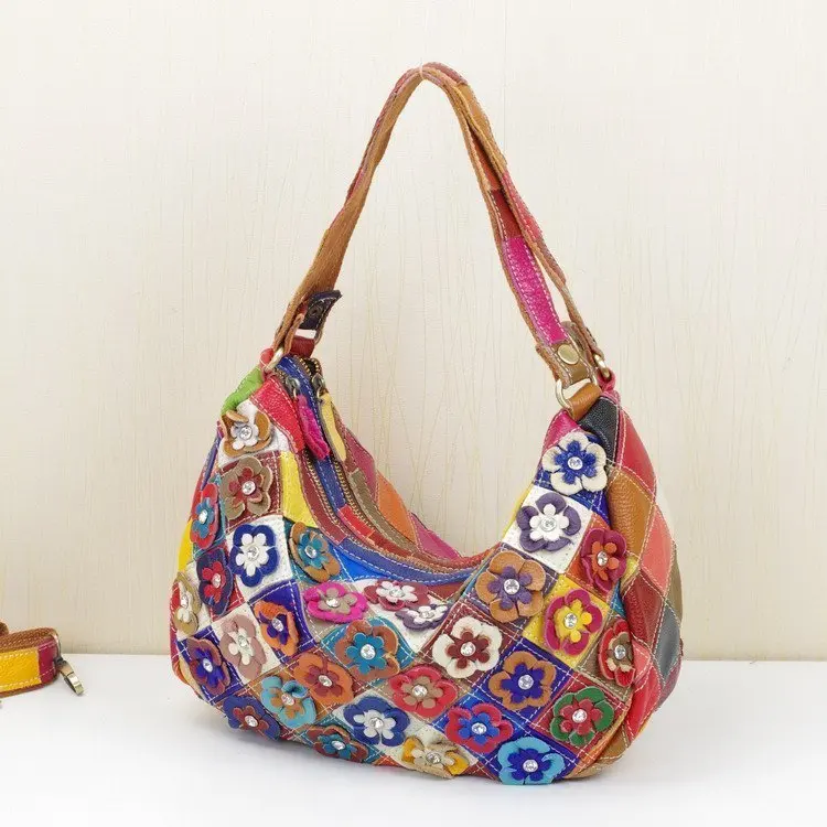 

2024 New Style Dumpling Bag Fashionable Color Block Floral Patchwork Grid Single Shoulder Slant Cross Genuine Leather Women's...