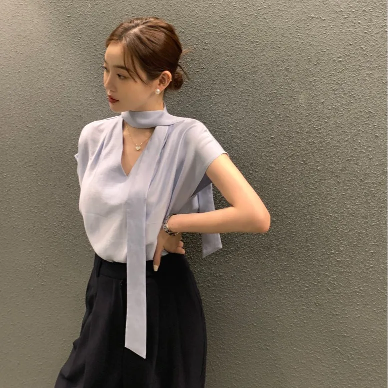 

Korean Style V-Neck Tie Short Sleeve Shirt Women's Fashion Spring Collection Regular Fit Casual Shirt Other Material 100%