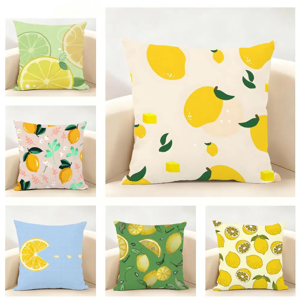 Warm Daily Hand-Drawn Lemon Fruits Cushion Cover Linen Pillowcase Soft  for Sofa Bed Home Room Decor