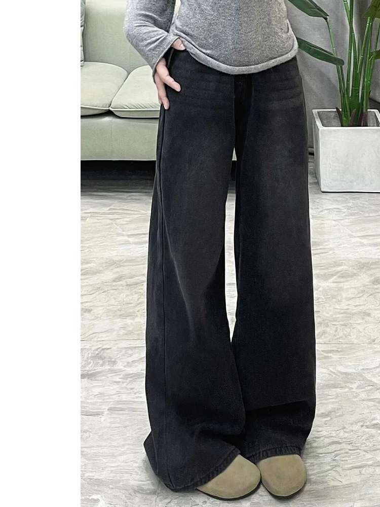 

Loose Wide Leg Denim Jeans High Waist Straight Leg Jeans for Pear Shaped Women Casual Wear Black Grey Large Size Jeans