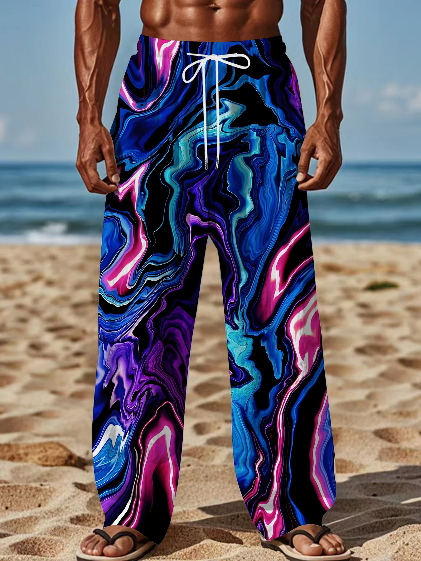 

2026 Men's Printed Straight Leg Pants Abstract Art Red Black Pattern Drawstring Waist Loose Fit Casual Summer Beach Fashion