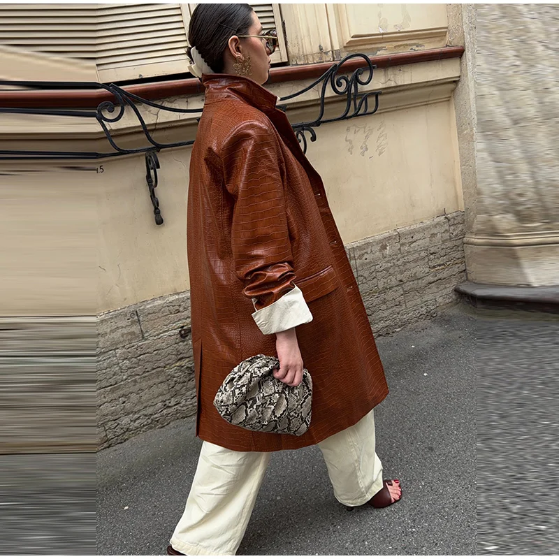Crocodile Embossed Trench Coat Lapel Collar Button‑Front 2026 Autumn Women Vintage Outerwear Trendy Lady Casual Overcoat