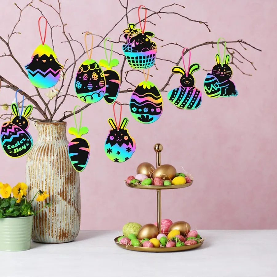 80 枚イースタースクラッチカード紙色ロープと竹ペンカラフルなスクラッチオフ絵画ウサギとニンジンギフトパッケージ