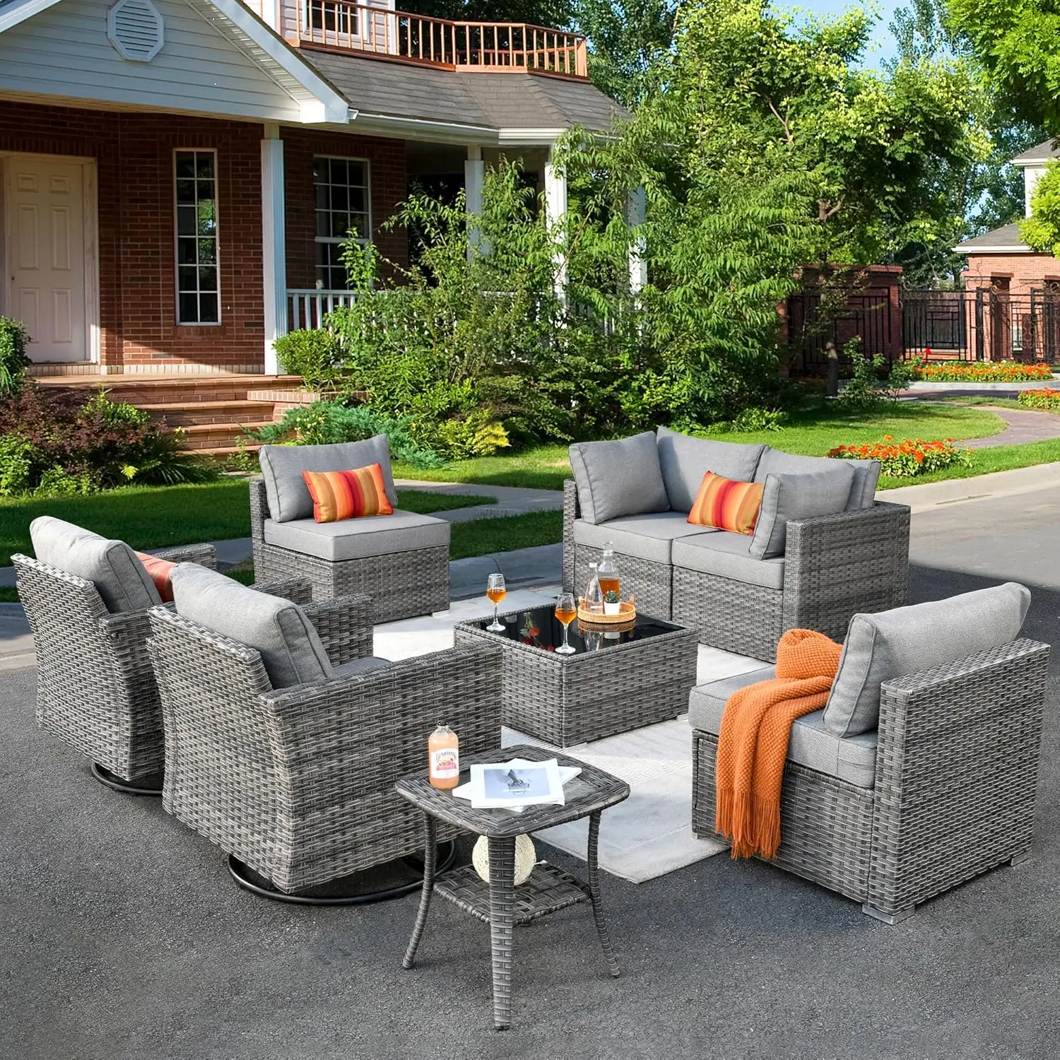 

Patio Furniture Set, Outdoor Sofa Couch with Rocker Swivel Chairs, Ottomans and Cushions, Wicker Rattan Sofa Set for Yard Garden