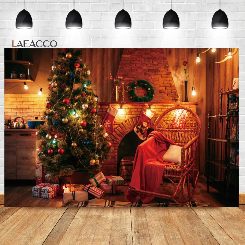 Laeacco Christmas Fireplace Backdrop for Photography Vintage Brick Wall Xmas Tree Gift Decor Kids Baby Portrait Photo Background