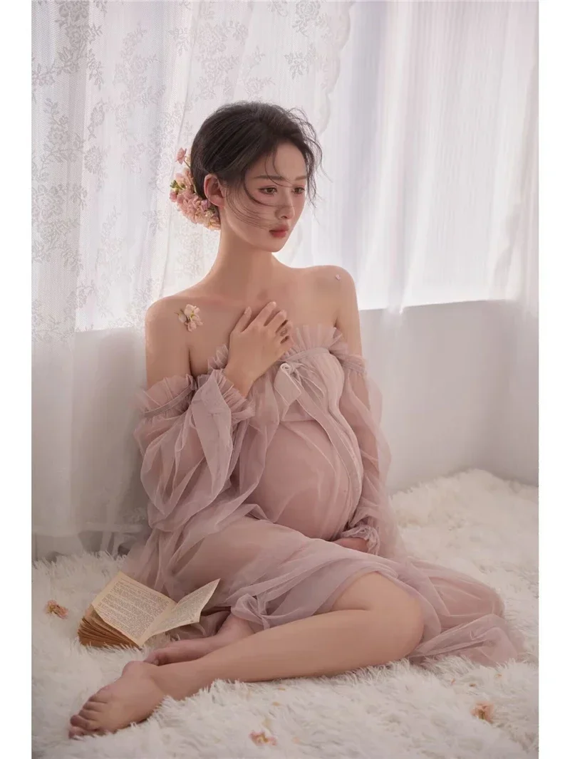 Women Photography Props Maternity Dresses Pink Mesh Perspective Pregnancy Dress Studio Shoot Photoshoot Photo Clothes