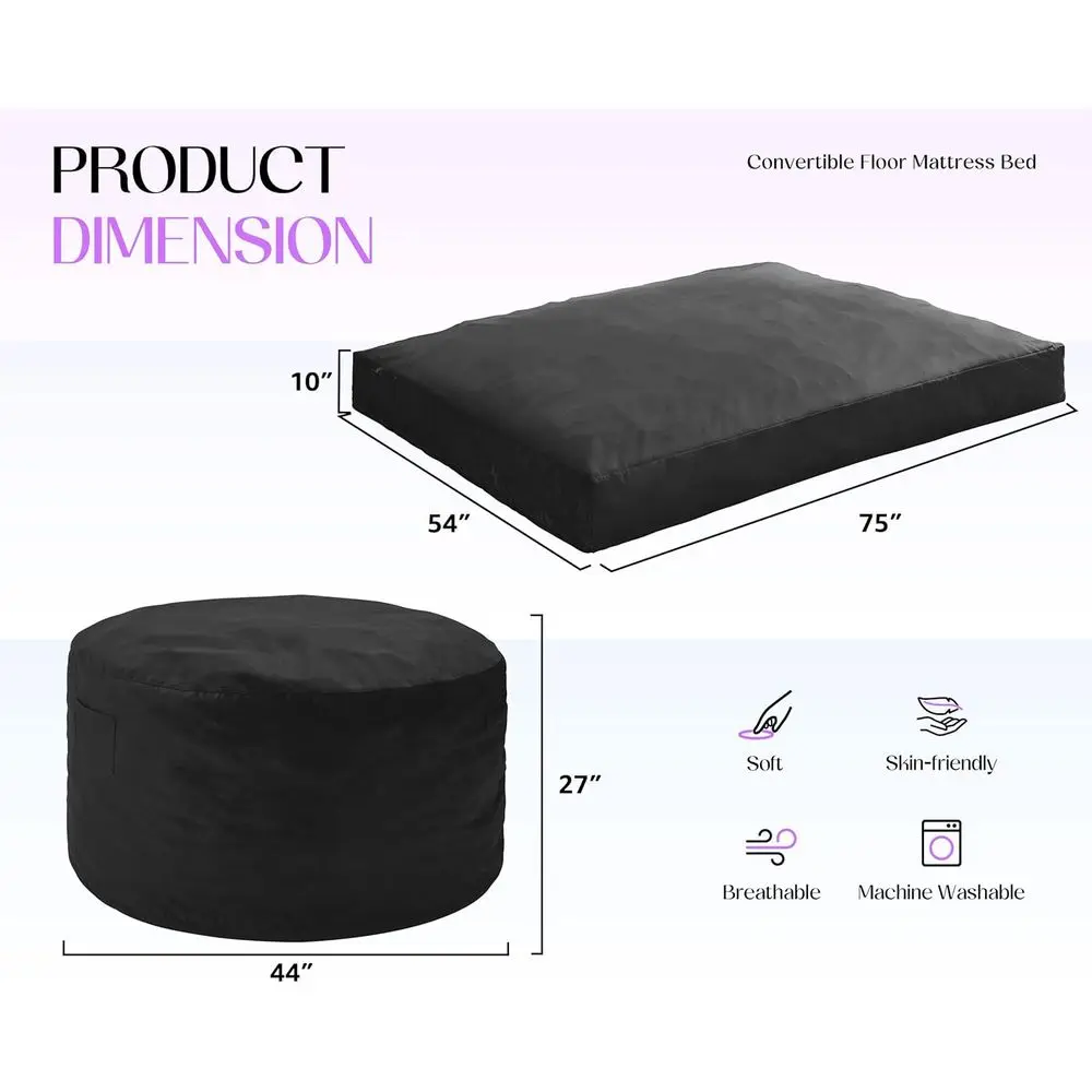 سرير كرسي بين باج بحجم للبالغين، مملوء بالرغوة عالي الكثافة، أريكة قابلة للتحويل لمساحات المعيشة وغرف النوم (أسود، مقاس كامل #3