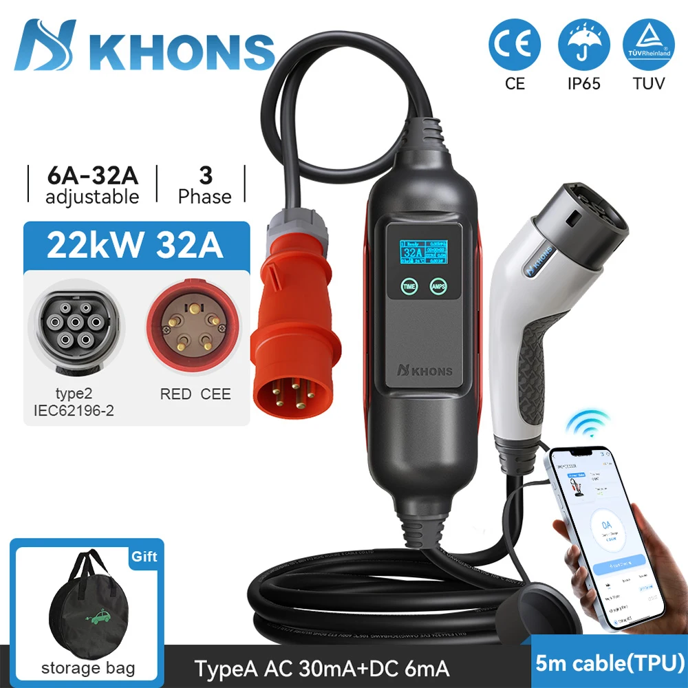 Khons 22KW chargeur EV Portable Type2 32A EVSE chargeur triphasé prise CEE rouge adapté au chargement EV WIFI-APP contrôle câble 5M