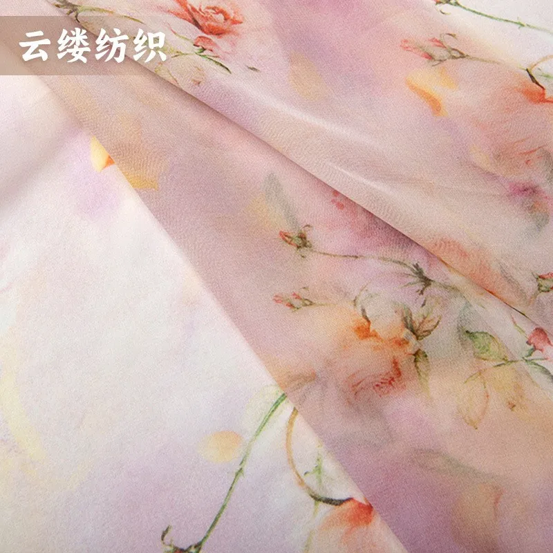 

Silk georgette printed fabric with colorful floral patterns beige base and pink rose women's