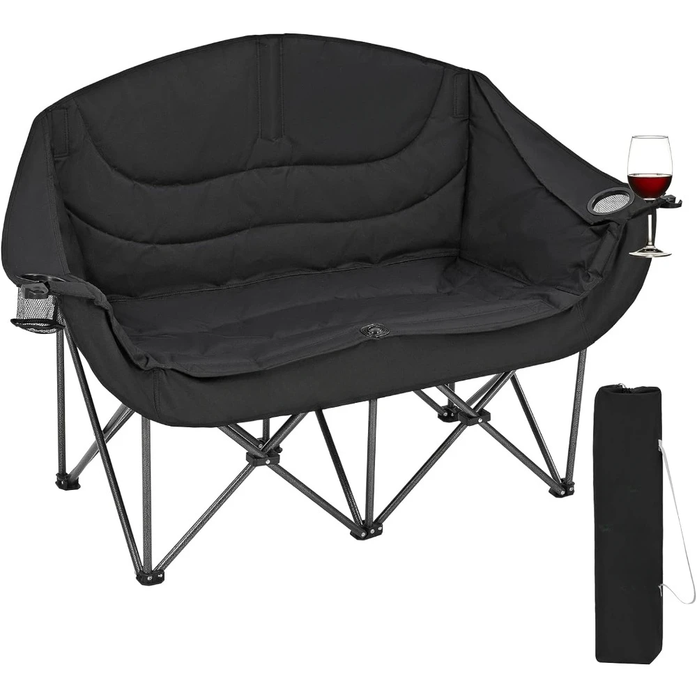 Double Camping Chair, Heavy Duty Outdoor Folding Couch with Cup Holder Wine Glass Holder Support 440 Lbs, Folding Chair