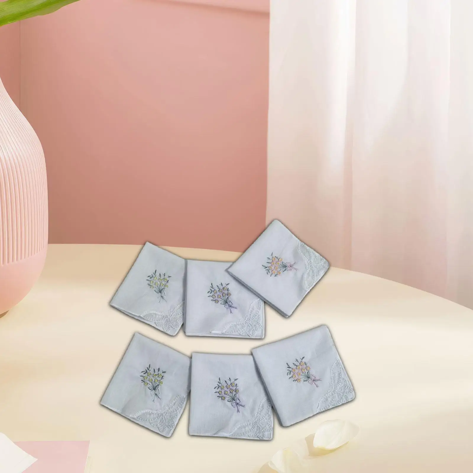 6Pcs Embroidered Cotton Handkerchiefs Soft Flower Hankies for Wedding Party