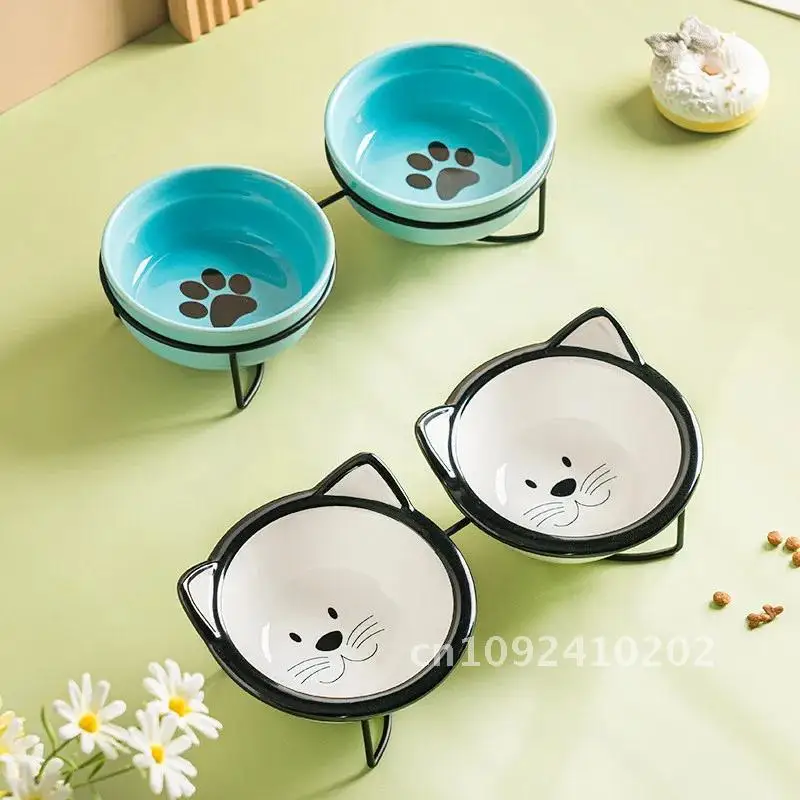 Cute Paw Print Cat Bowl Cartoon Pet Ceramic Bowl Iron Frame Quality Cat Double High Dog Bowl Bowl Non-slip Pet Universal Feeder