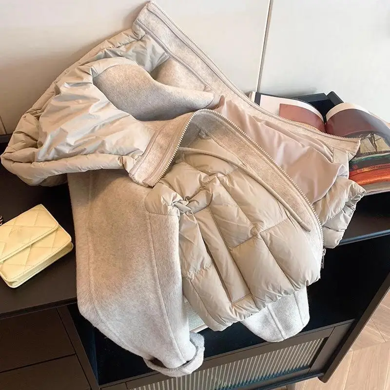 Splicing Hooded Drawstring Cotton Jacket for Women Winter New Style Warm Short Clip On Zipper Style Design Solid Cotton Coat