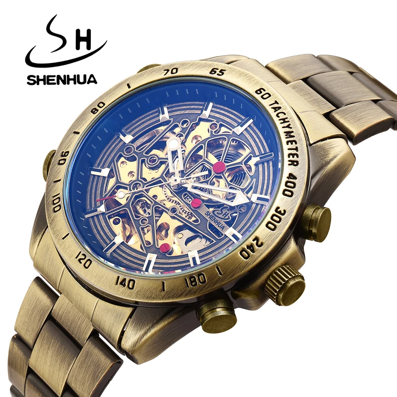 

SHENHUA Mens Watches Vintage Bronze Skeleton Automatic Mechanical Wristwatch Steel Strap Top Brand Luxury Waterpoor Men Watch