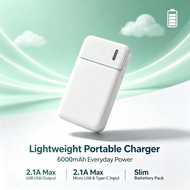 Power bank portatile WL20 da 6000 mAh, con uscita USB singola da 2,1 A, doppia porta di ingresso, Micro USB e Type-C, caricabatterie sottile per dispo