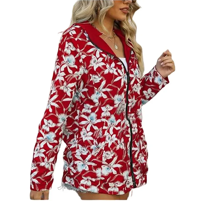 Cappotto da donna autunno inverno Giacca a vento con cerniera con stampa floreale Giacca a maniche lunghe double face