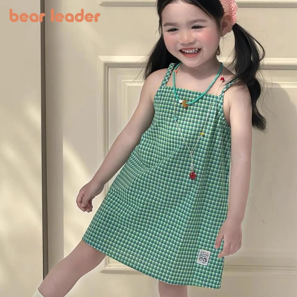 

Новая летняя одежда для девочек Bear Leader, корейская версия, модное повседневное универсальное удобное зеленое клетчатое платье на подтяжках