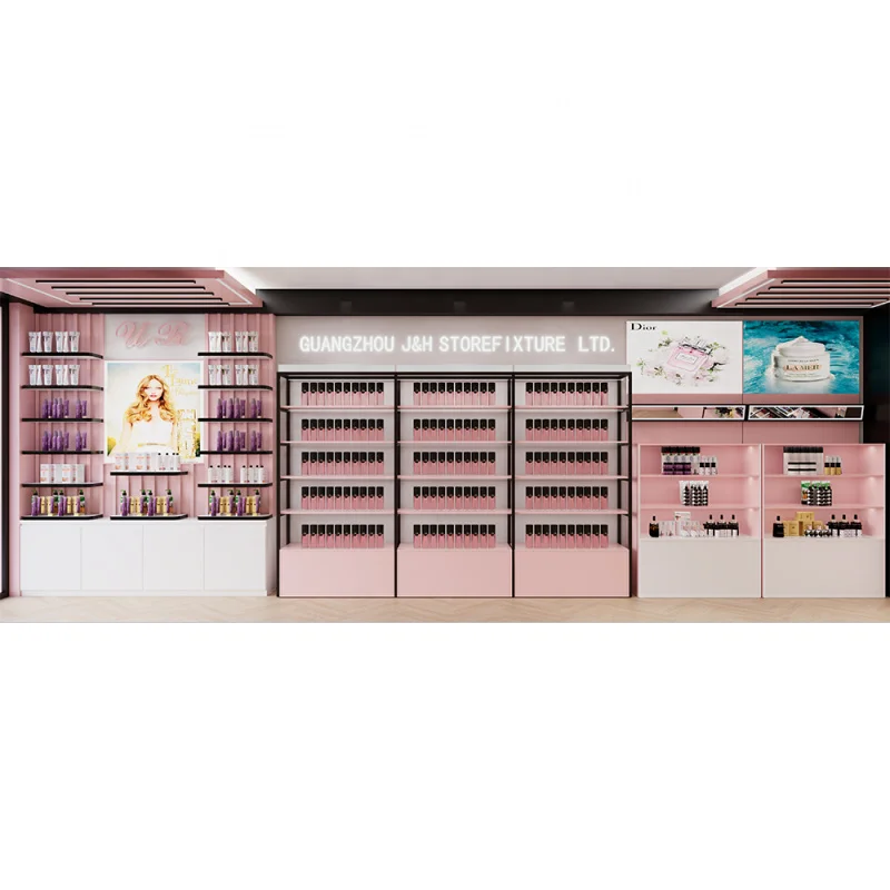 

customized.New cosmetics store shelves pink display stand cosmetic showcase heavy duty cosmetics multi-layer display rack