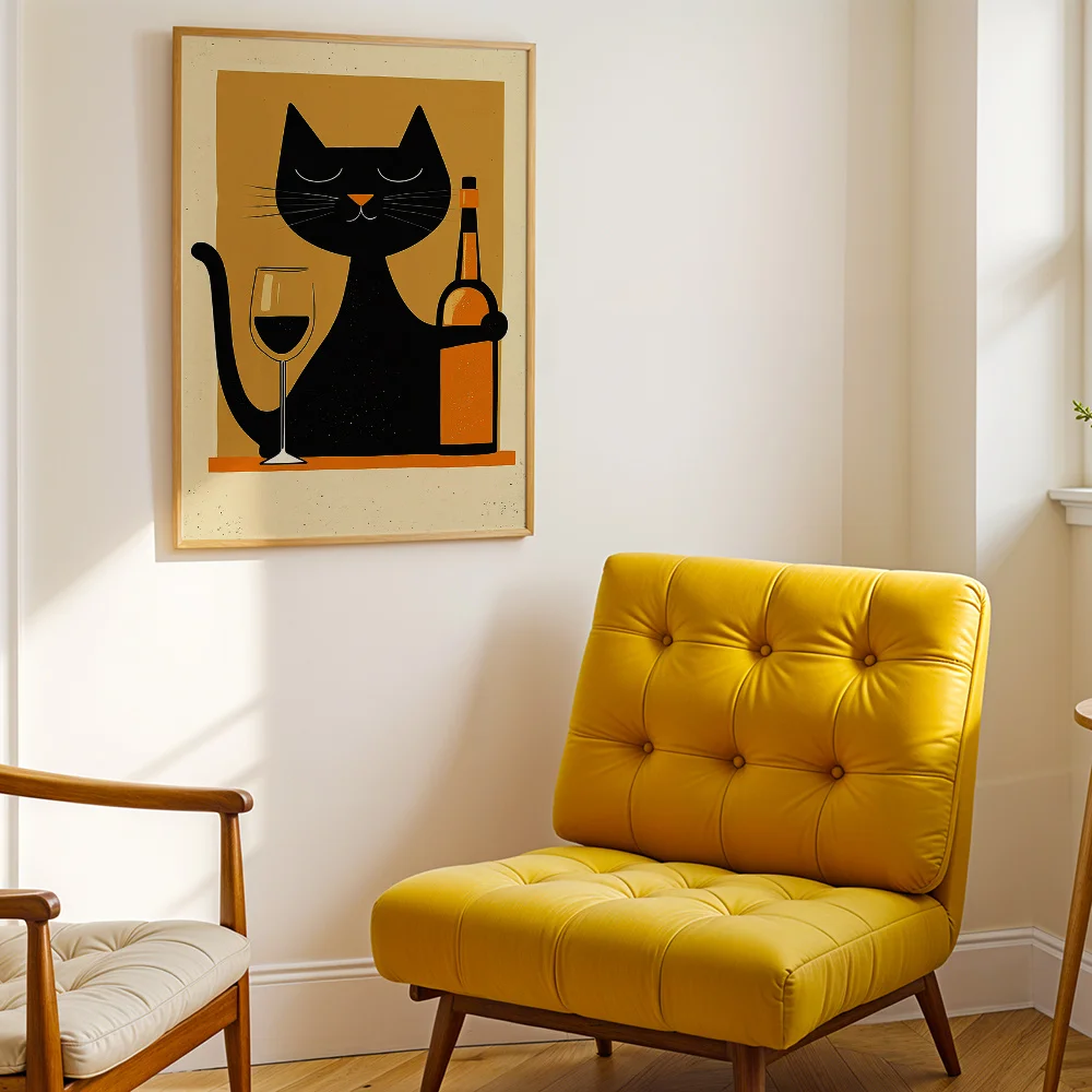 Vintage Black Cat With Red Wine Canvas Poster Wall Hanging, Wall Art For Living Room Dining Bar, Simple Abstract Home Decor