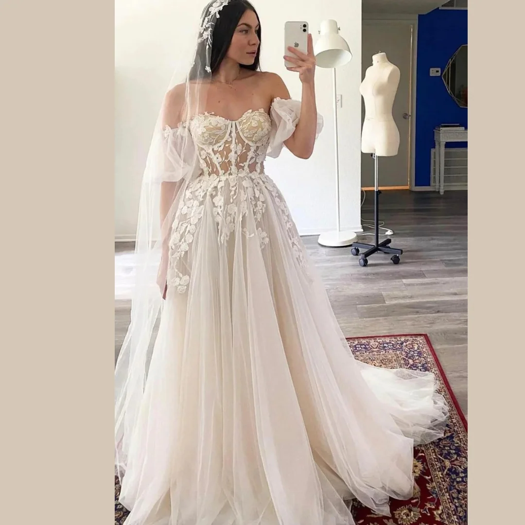

Tulle Sweetheart Wedding Dresses With Detachable Puff Sleeves Appliques Sequins Illusion A-line Ivory Long Marriage Brides Gowns