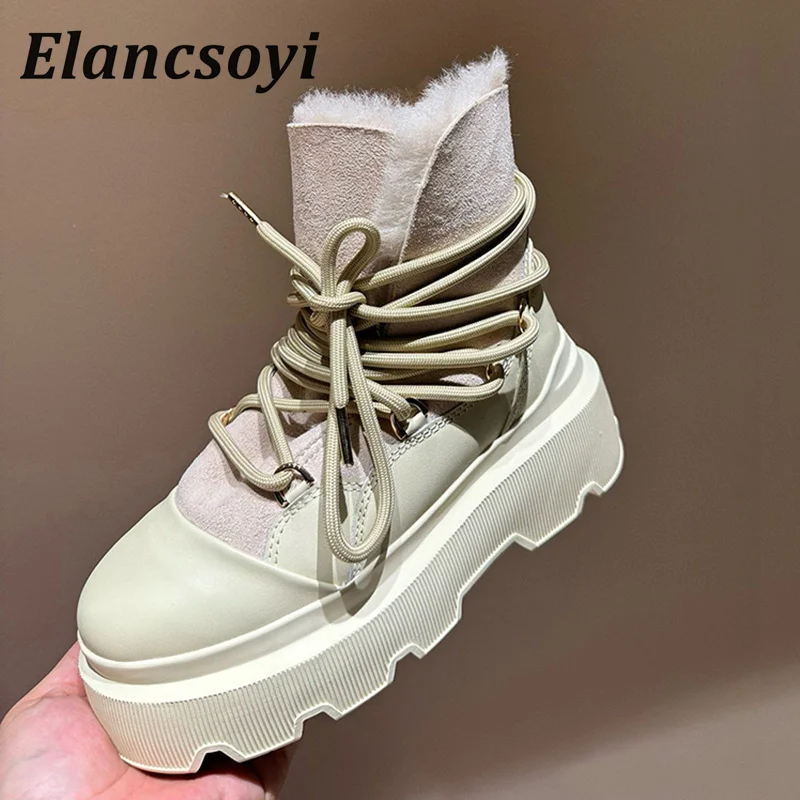 Winter Patchwork Lace Up Platform Snow Botas Women's Round Toe Real Wool Lining Warm Ankle Boots Flat Thick Bottom Short Boots