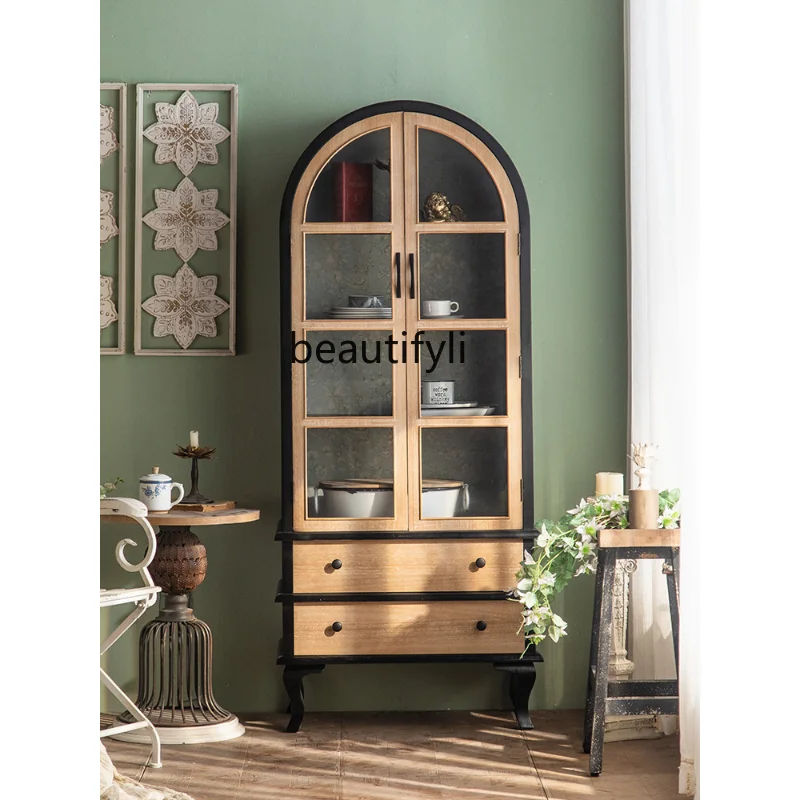 French Retro Solid Wood Bookcase Floor Pine Arch Glass Door Home Living Room Wine Cabinet Locker Integrated Wall furniture