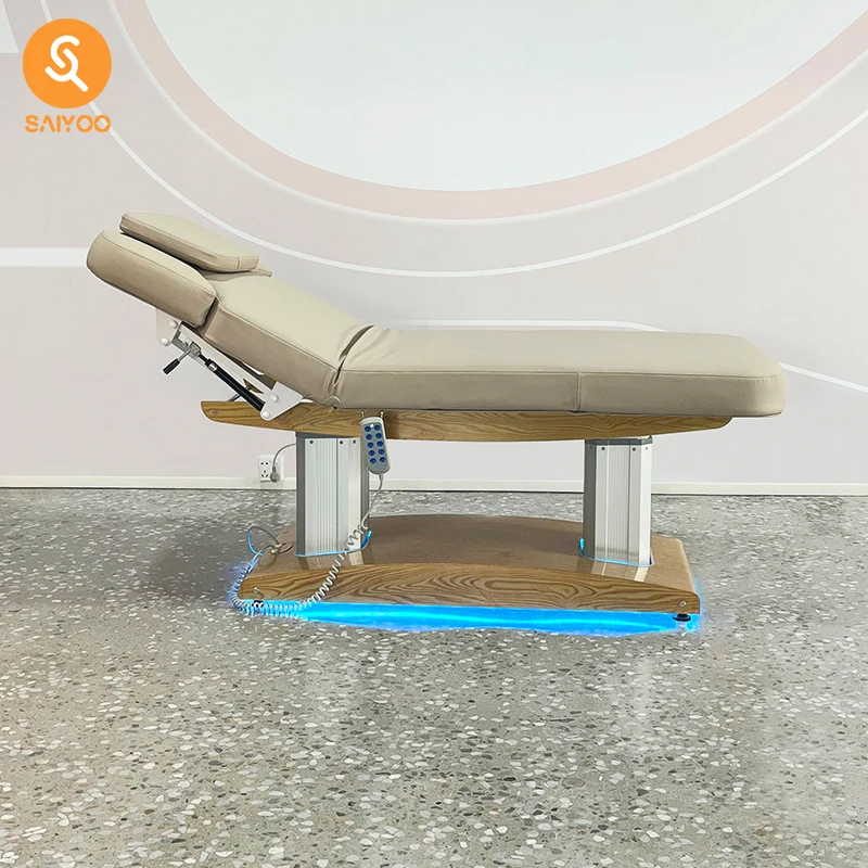Cama de massagem com base de grão de madeira com luz LED de 4 motores com função de inclinação total
