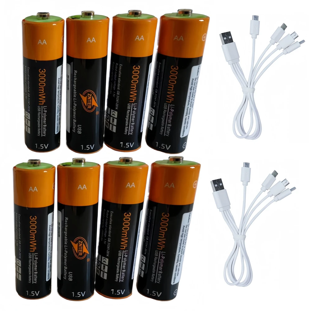 

8PCS ZNTER 3000mWh AA Rechargeable Battery Mirco USB 1.5V Lithium Polymer Battery with Mirco USB Cable for Fast Charging