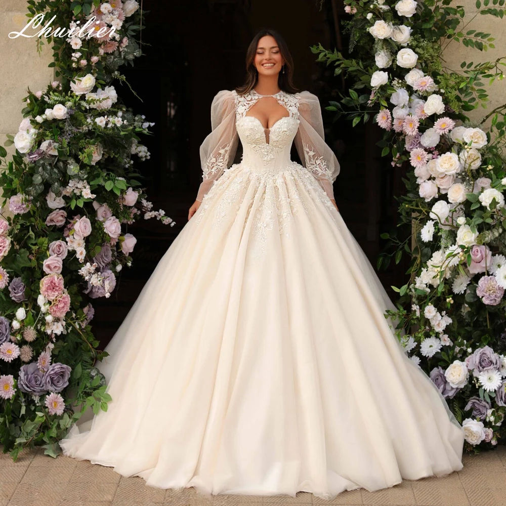 

Lhuilier Customized Ball Gown Lace Wedding Dresses Floor Length Puffy Sleeves Beaded Bridal Gowns with Chapel Train