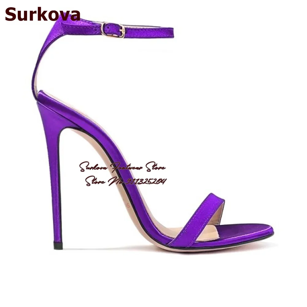 Surkova Purple Pink Satin Cloth Single Strap Sandals Sky High Heels Ankle Buckle Strap Simple Dress Shoes Size46 Summer Pumps