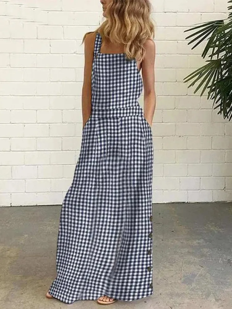 Yeezzi Female British Style Plaid Pockets Spaghetti-Neck Evening Dresses 2024 Summer Sleeveless Buttoned Casual Going Out Dress