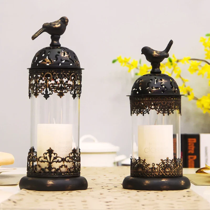 European Morocco Accents Black Gold Iron Glass Candle Lantern Set With Bird Figurines Lid Cover Home Tabletop Decor Metal Items