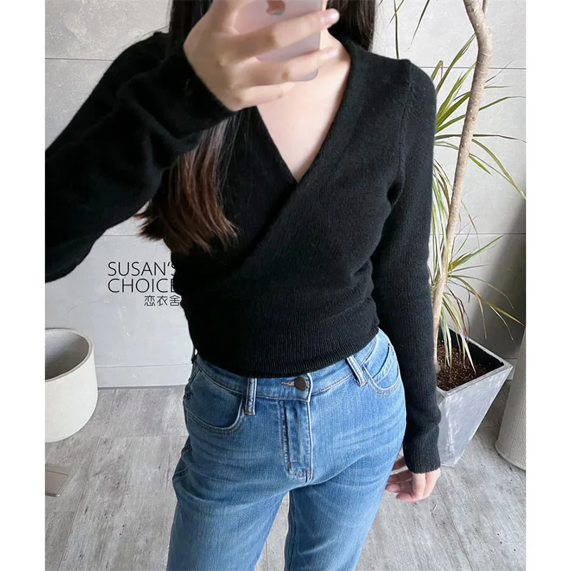 

Susan, осенне-зимний черный шерстяной кардиган с запахом и перекрестием, женский вязаный топ с v-образным вырезом, длинный цвет свеча для поездок на работу