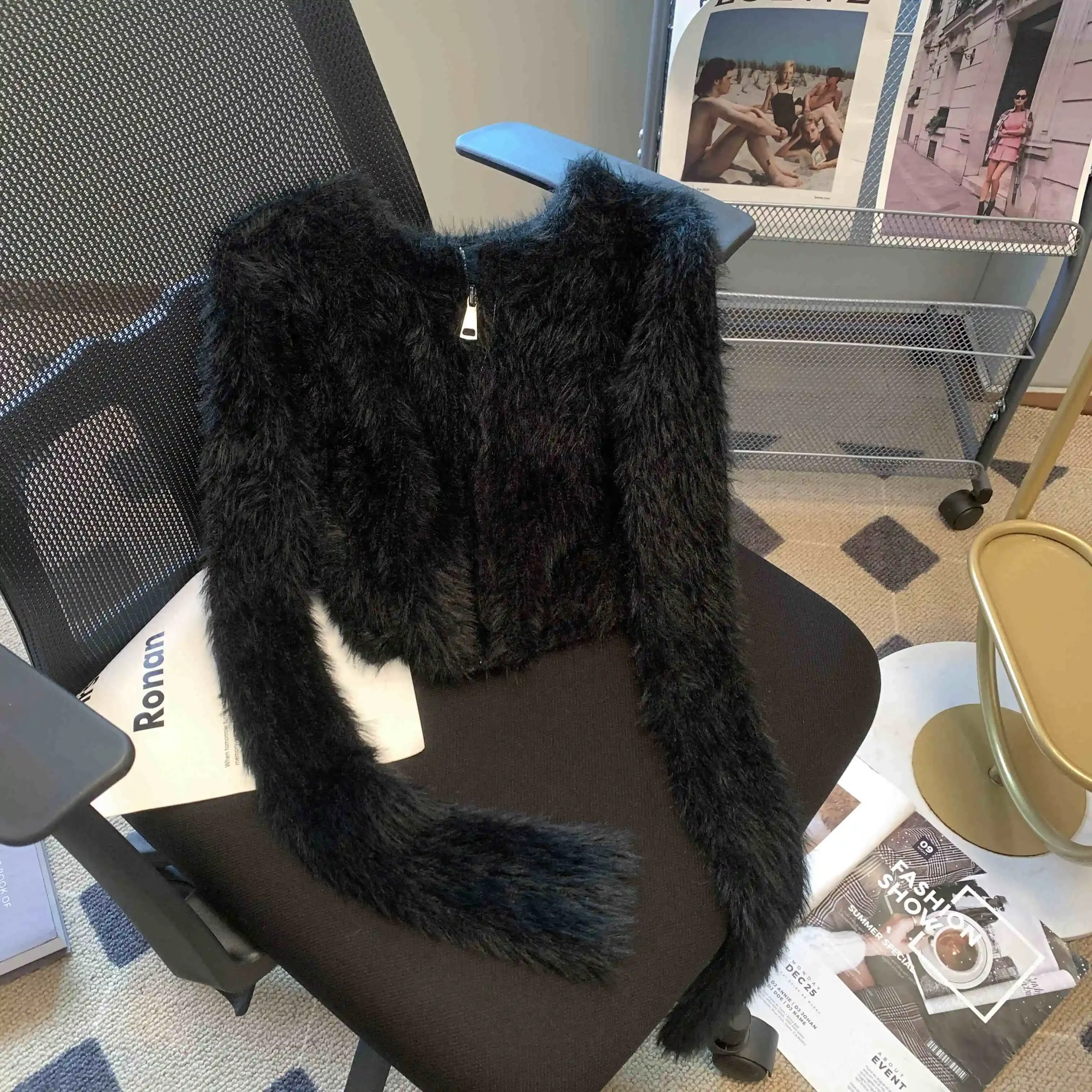 

Куртка осень-зима, наряд для девочек-подростков, вязаный кардиган на молнии для женщин, нечеткий вязаный укороченный свитер с длинными рукавами