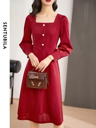 SENTUBILA French Elegant High Waist Midi Dress Women 2024 Fashion Solid Square Collar Long Sleeve A-line Tea Dresses Q13L38651