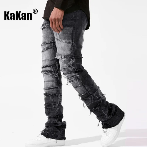 Imagen 2 del producto Kakan - Nuevos pantalones vaqueros de pierna recta para hombres europeos y americanos, pantalones vaqueros desgastados de pierna recta con parche elástico de moda urbana