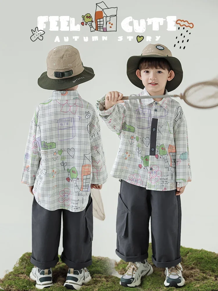 Boys' 2024 New Long Sleeve Shirt Loose Versatile Pants Autumn Fashion Set