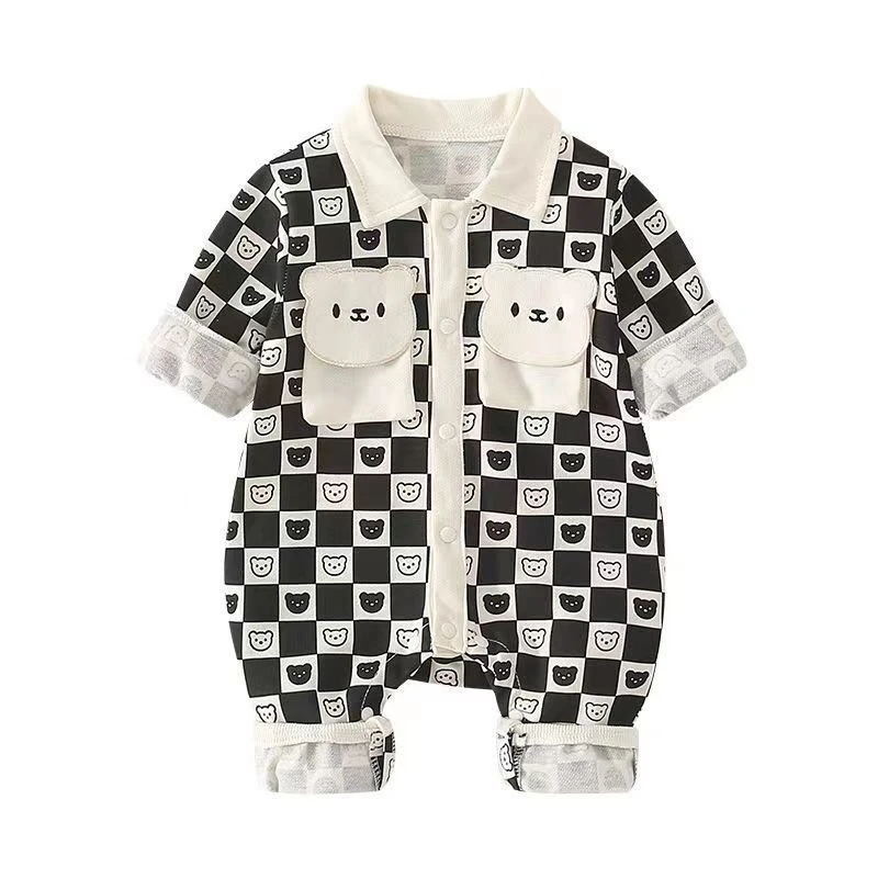 Unisex Baby Polo Collar Romper for Spring & Autumn Boy/Girl Cute Checkered Double Bear Head Onesie Christmas Cozy Jumpsuit