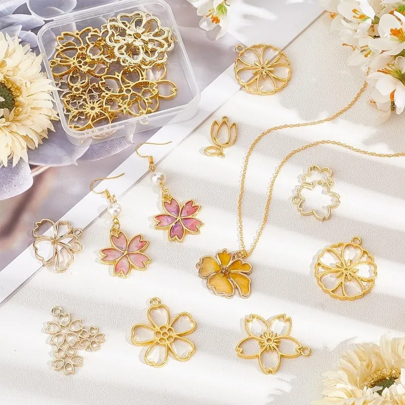 22pcs 11 Styles Flower Open Back Bezel Pendants Cherry Blossom Open Bezels for Resin Craft Sakura Hollow Frame Pendant Alloy