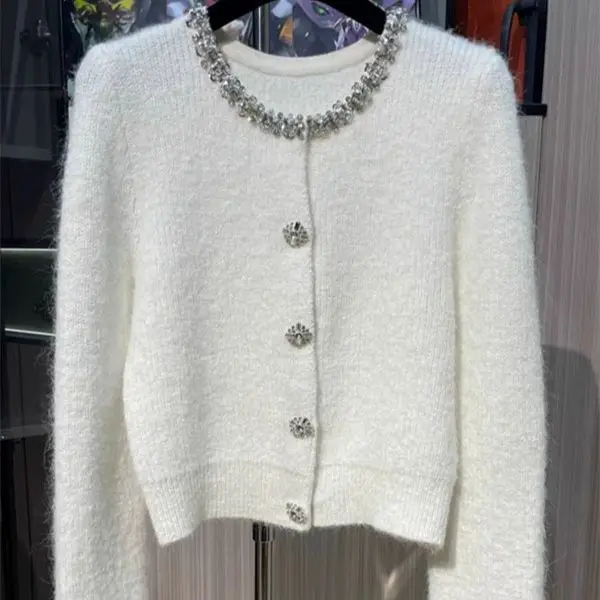 

Весенне-осенний женский элегантный кардиган, куртки, модное вязаное пальто с круглым вырезом и бриллиантами, топы, женские кардиганы, свитер, мягкая верхняя одежда