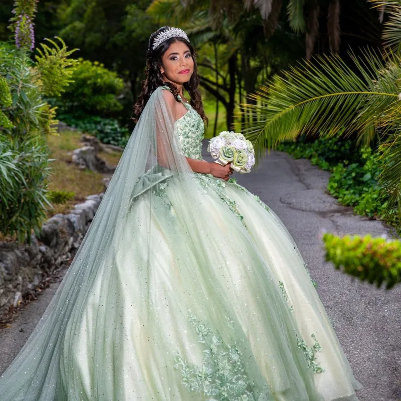 Sage Green Ball Gown Quinceanera Dresses Beads Sweetheart 3D Floral With Cape Brithday Dance Party Vestidos De Quinceañera