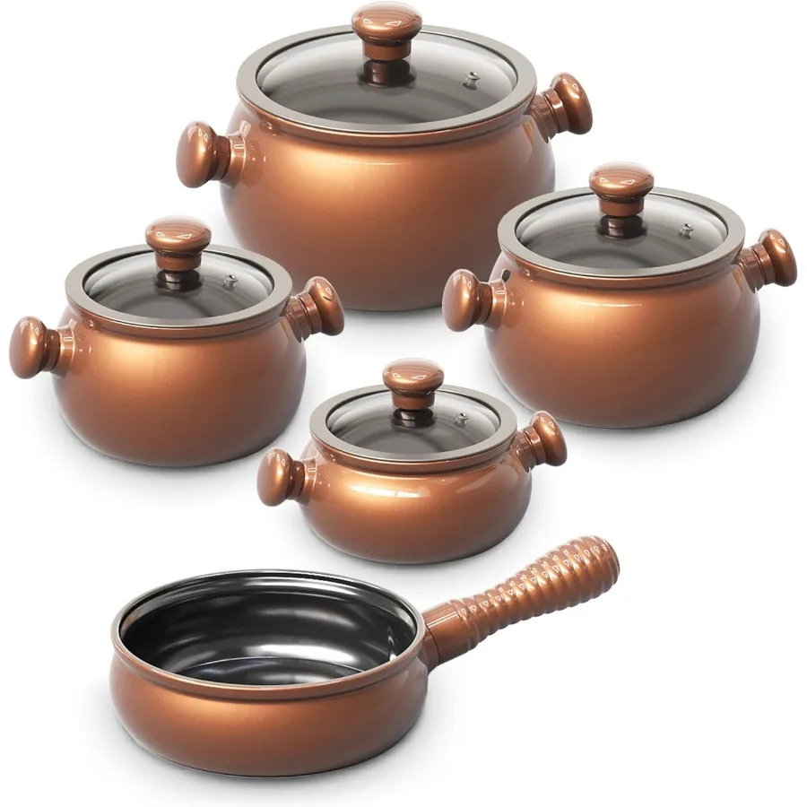 

100% керамика, нетоксичный, здоровый, долговечный, легкий набор посуды, безопасный для духовки, до 1200F, можно мыть в посудомоечной машине PFAS PTFE PFOA PFOS S