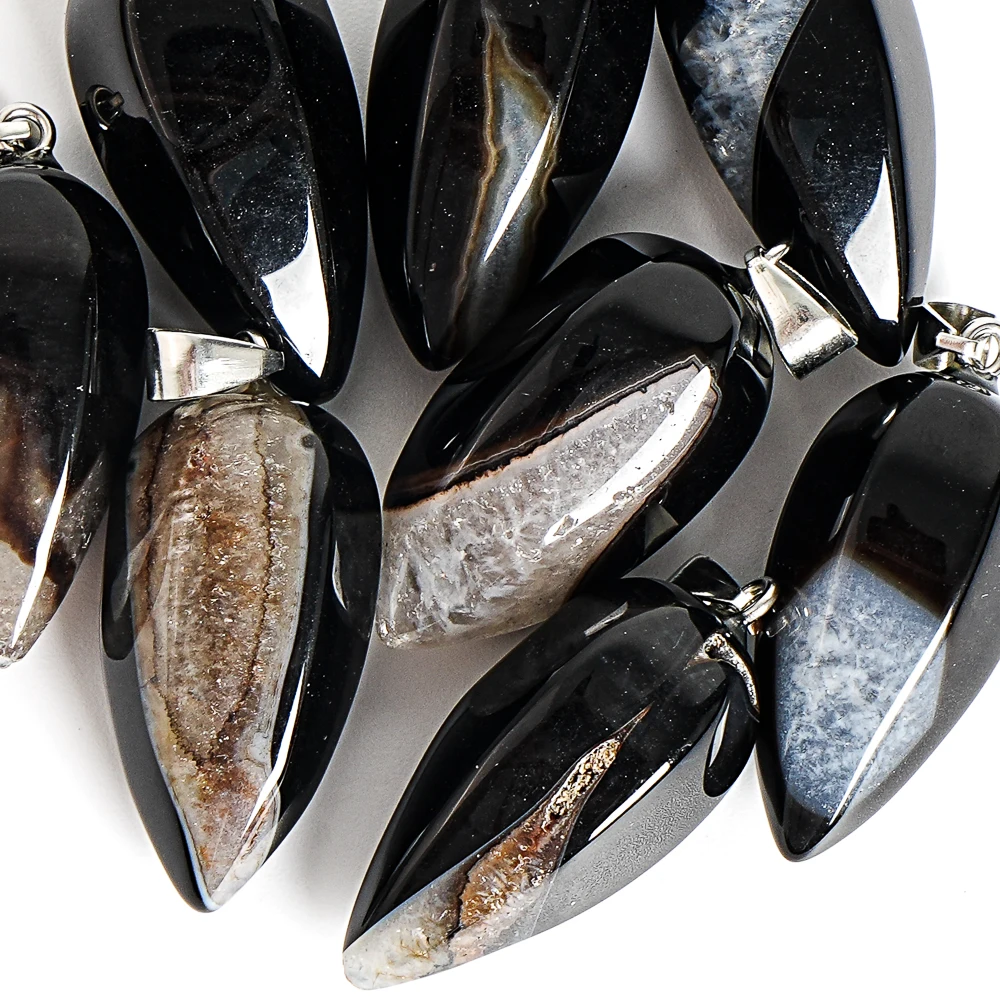 NATURAL BLACK AGATE CONE PENDANT 31X14MM GLOSSY GEMSTONE CHARM WITH METAL LOOP FOR HANDMADE NECKLACE DIY JEWELRY ACCESSORY CRAFT 2