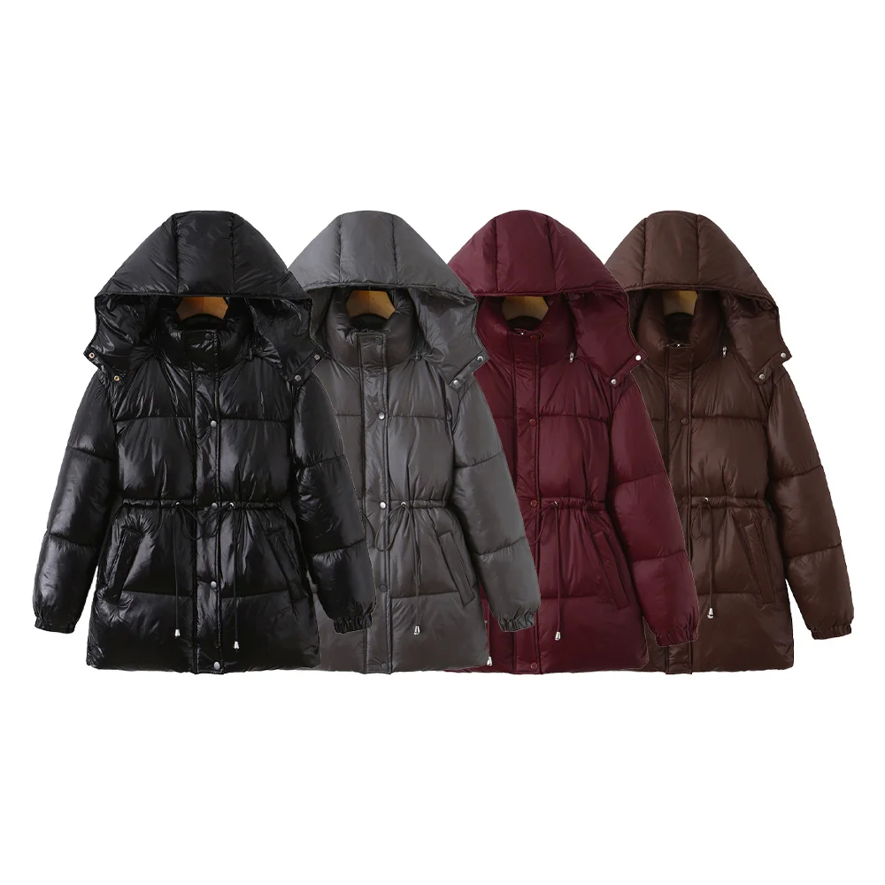 

Winter new women's clothing loose casual commuting style slim fit hooded waist zipper decoration long sleeved cotton jacket