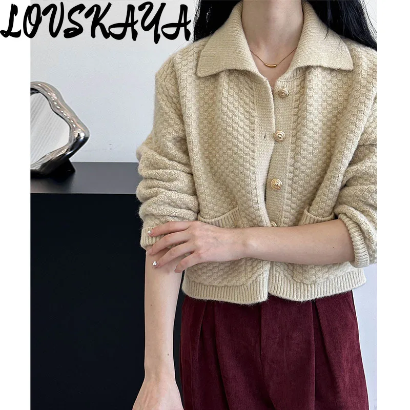 

Gentle and Lazy Style Knitted Cardigan, Retro Style, Lapel Design, Korean Casual, Autumn