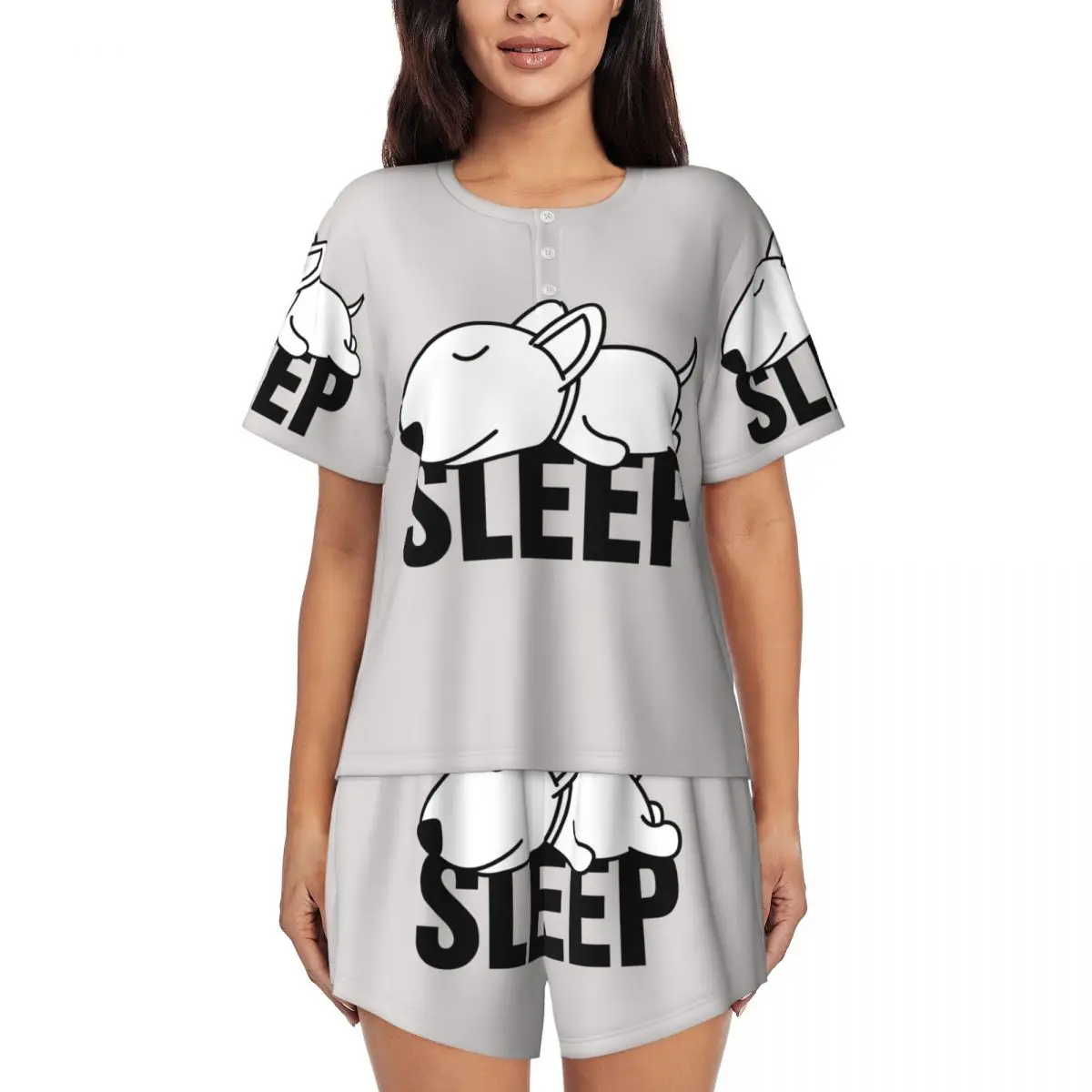 

Custom Sleeping Bull Terrier Dog Pajamas Set Womens 2 Piece Short Sleeve Cartoon Animal Sleepwear Loungewear PJ Shorts Sets